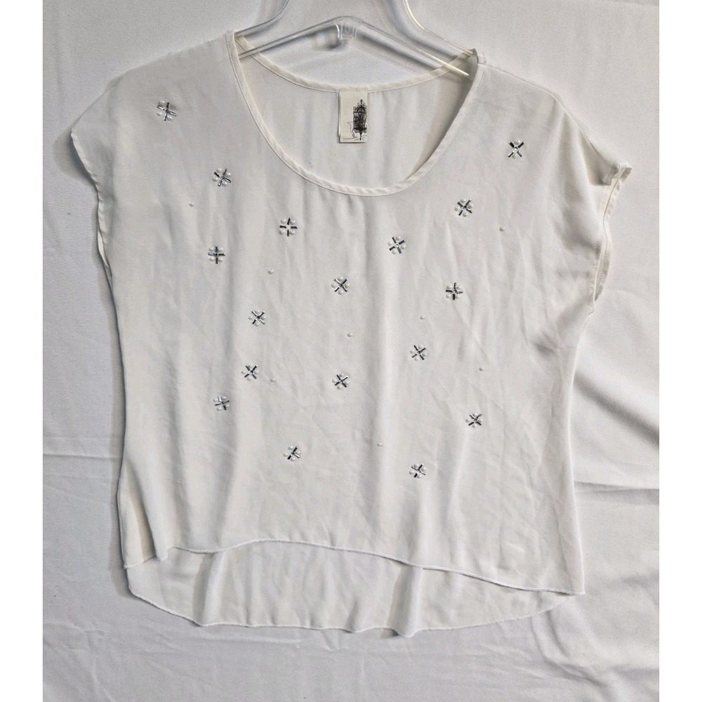 Francescas Bird Cage Label Blouse  Cream M Embroidered